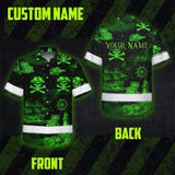 Hi Vis Hawaiian Shirt Reflective Tapes Green Skull Boat Custom Name Safety Workwear For Workers, Truckers, Operators