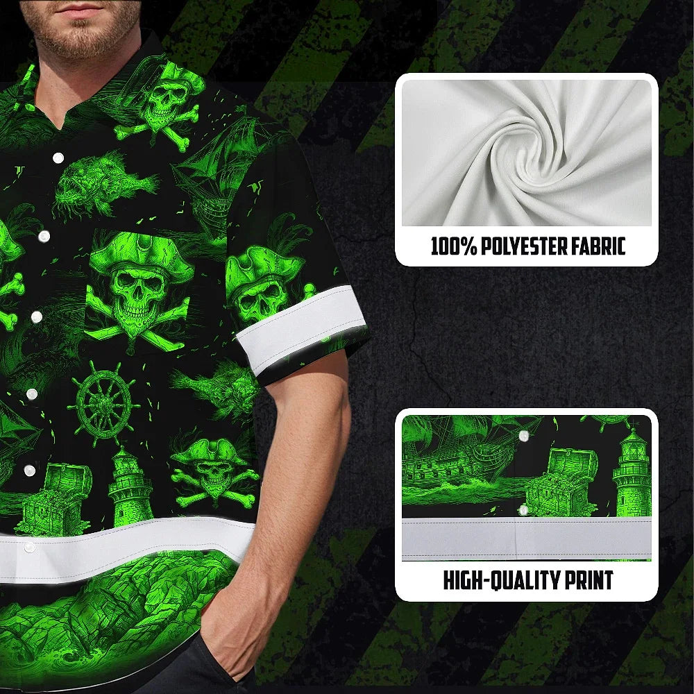 Hi Vis Hawaiian Shirt Reflective Tapes Green Skull Boat Custom Name Safety Workwear For Workers, Truckers, Operators