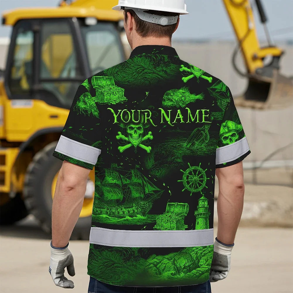 Hi Vis Hawaiian Shirt Reflective Tapes Green Skull Boat Custom Name Safety Workwear For Workers, Truckers, Operators