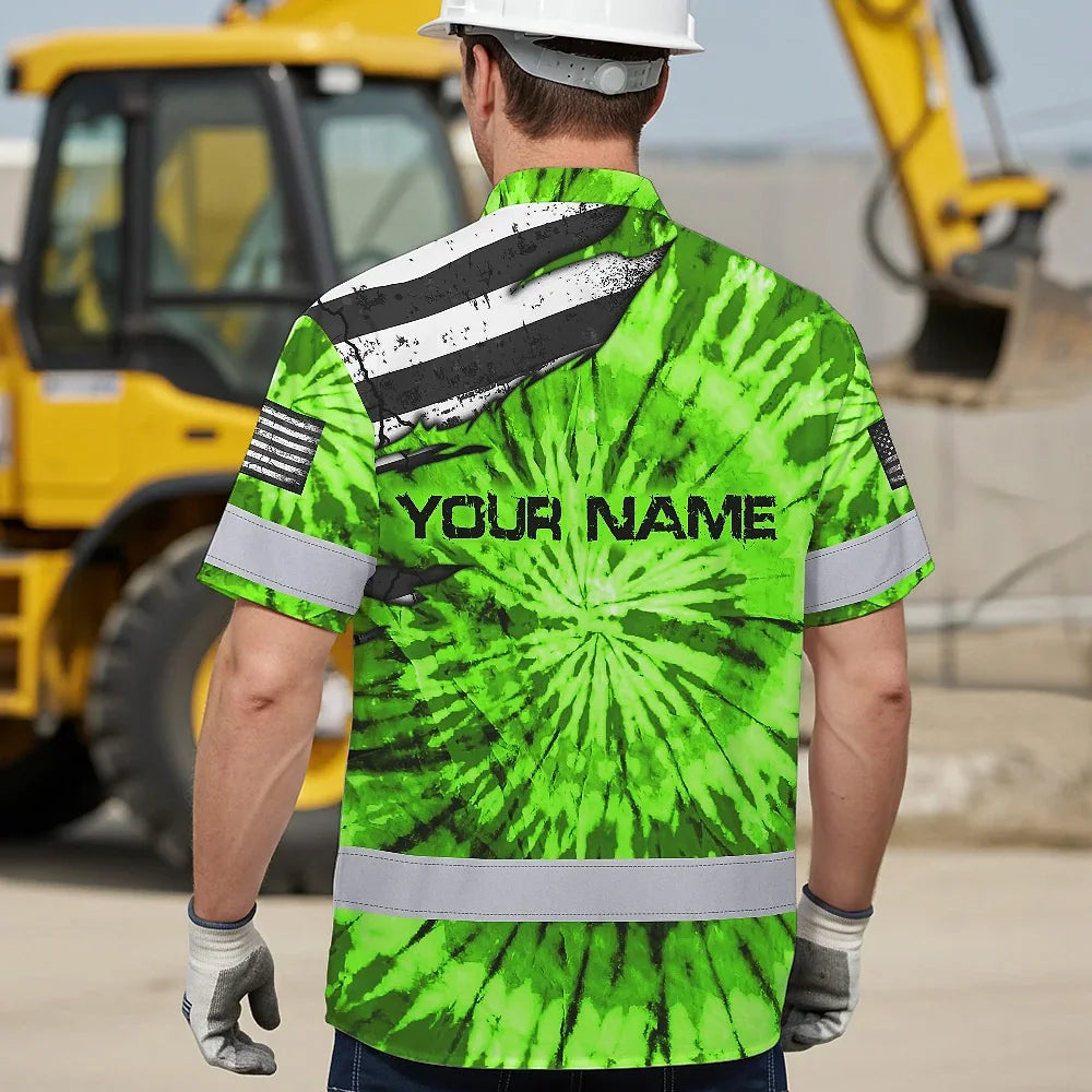 Hi Vis Hawaiian Shirt Reflective Tapes Green Tie Dye US Flag Scratch Custom Name Safety Workwear For Workers, Runners, Cyclists