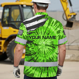 Hi Vis Hawaiian Shirt Reflective Tapes Green Tie Dye US Flag Scratch Custom Name Safety Workwear For Workers, Runners, Cyclists