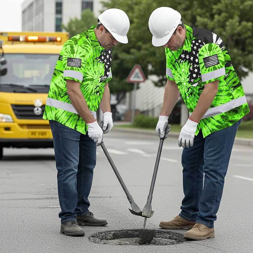 Hi Vis Hawaiian Shirt Reflective Tapes Green Tie Dye US Flag Scratch Custom Name Safety Workwear For Workers, Runners, Cyclists