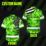 Hi Vis Hawaiian Shirt Reflective Tapes Green Tie Dye US Flag Scratch Custom Name Safety Workwear For Workers, Runners, Cyclists