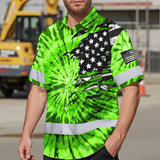 Hi Vis Hawaiian Shirt Reflective Tapes Green Tie Dye US Flag Scratch Custom Name Safety Workwear For Workers, Runners, Cyclists