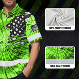 Hi Vis Hawaiian Shirt Reflective Tapes Green Tie Dye US Flag Scratch Custom Name Safety Workwear For Workers, Runners, Cyclists