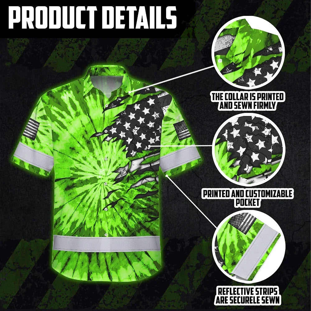 Hi Vis Hawaiian Shirt Reflective Tapes Green Tie Dye US Flag Scratch Custom Name Safety Workwear For Workers, Runners, Cyclists
