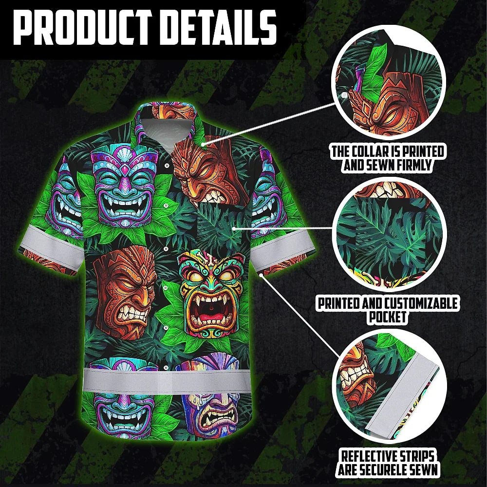 Hi Vis Hawaiian Shirt Reflective Tapes Green Tiki Custom Name Safety Workwear For Workers, Truckers, Operators