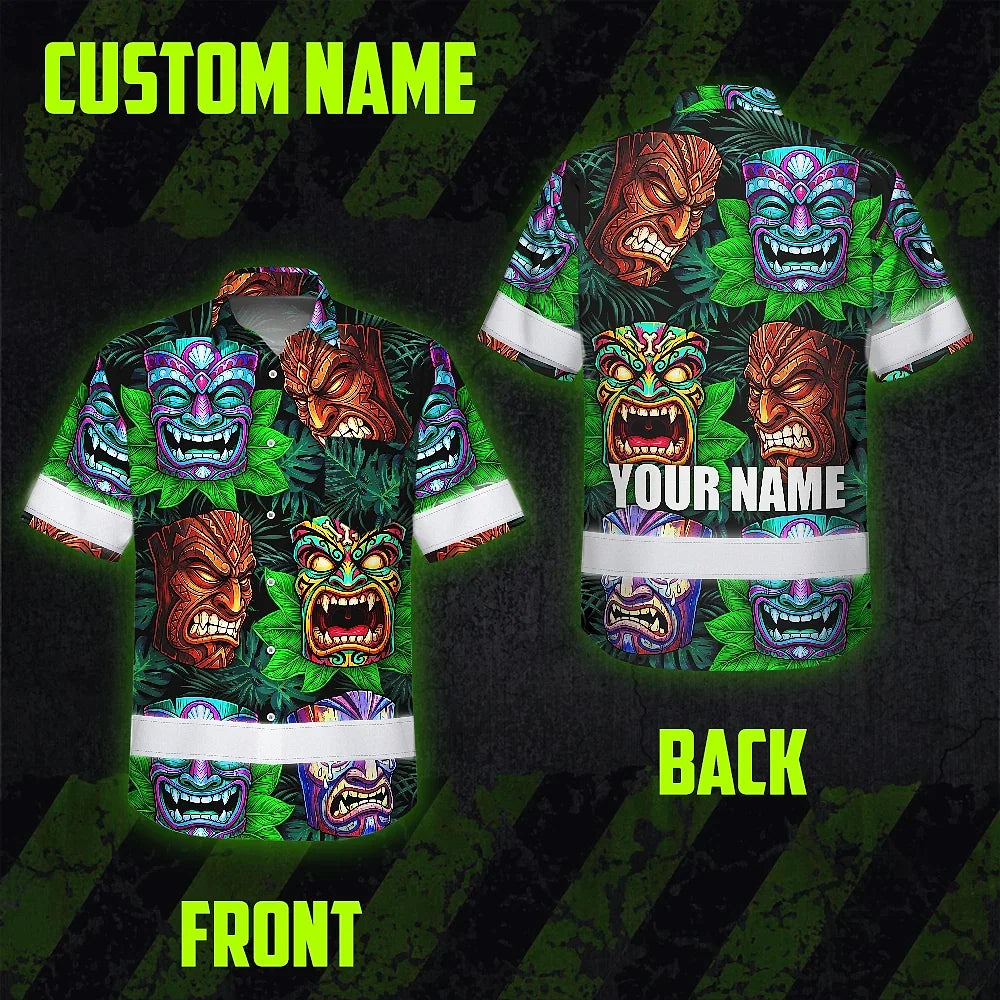 Hi Vis Hawaiian Shirt Reflective Tapes Green Tiki Custom Name Safety Workwear For Workers, Truckers, Operators