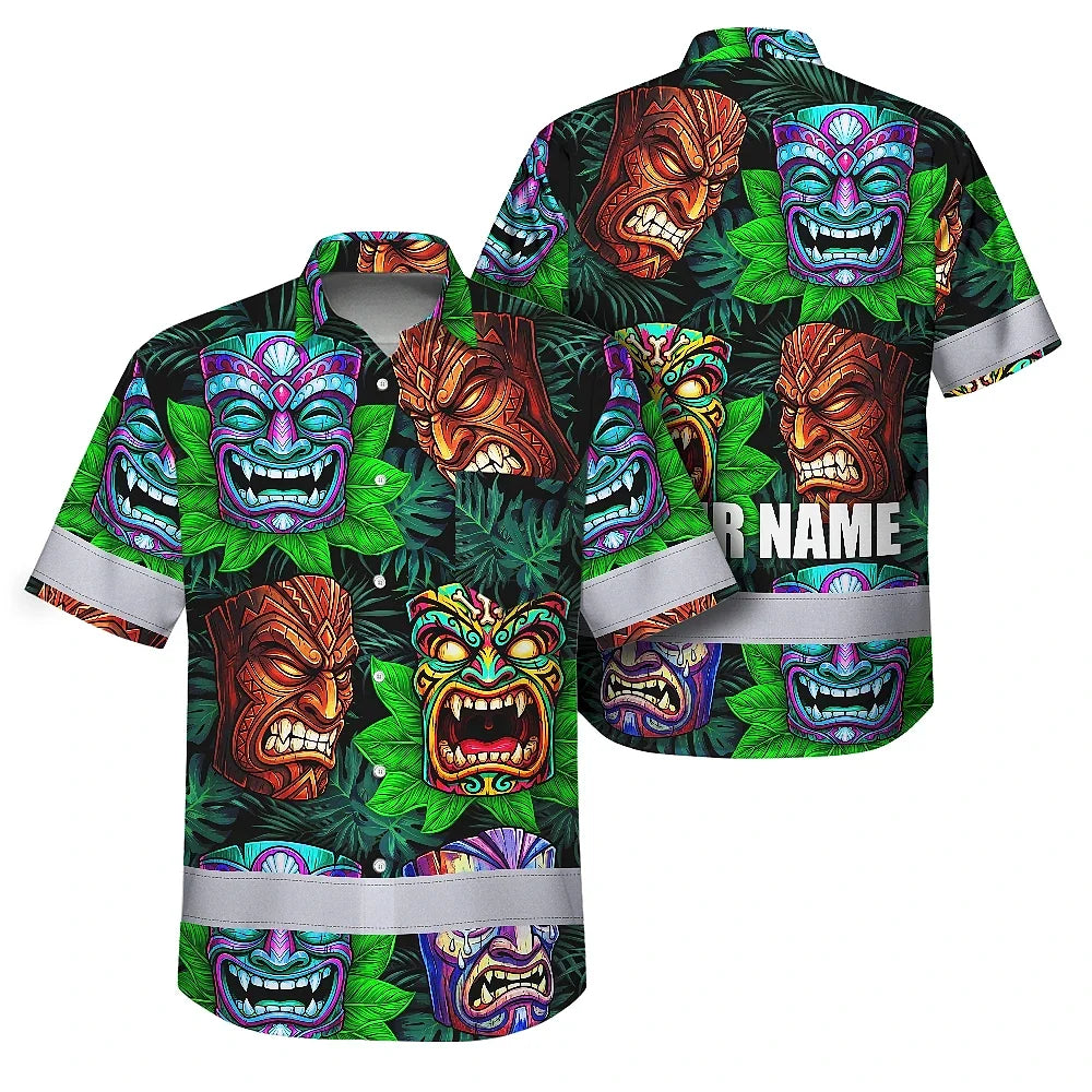 Hi Vis Hawaiian Shirt Reflective Tapes Green Tiki Custom Name Safety Workwear For Workers, Truckers, Operators