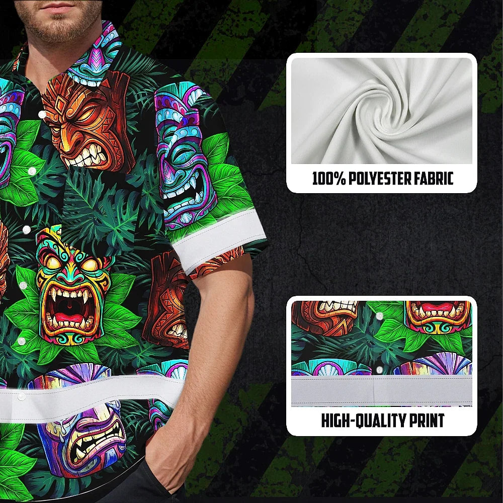 Hi Vis Hawaiian Shirt Reflective Tapes Green Tiki Custom Name Safety Workwear For Workers, Truckers, Operators