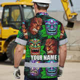 Hi Vis Hawaiian Shirt Reflective Tapes Green Tiki Custom Name Safety Workwear For Workers, Truckers, Operators