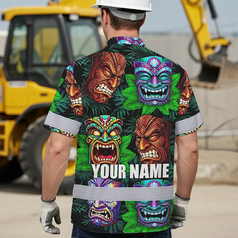 Hi Vis Hawaiian Shirt Reflective Tapes Green Tiki Custom Name Safety Workwear For Workers, Truckers, Operators