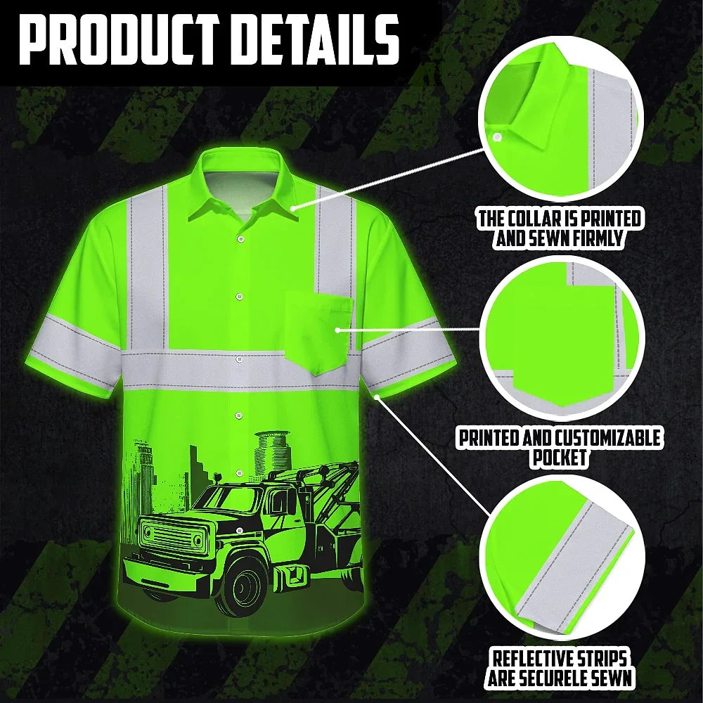 Hi Vis Hawaiian Shirt Reflective Tapes Green Tow Truck Driver Custom Name Safety