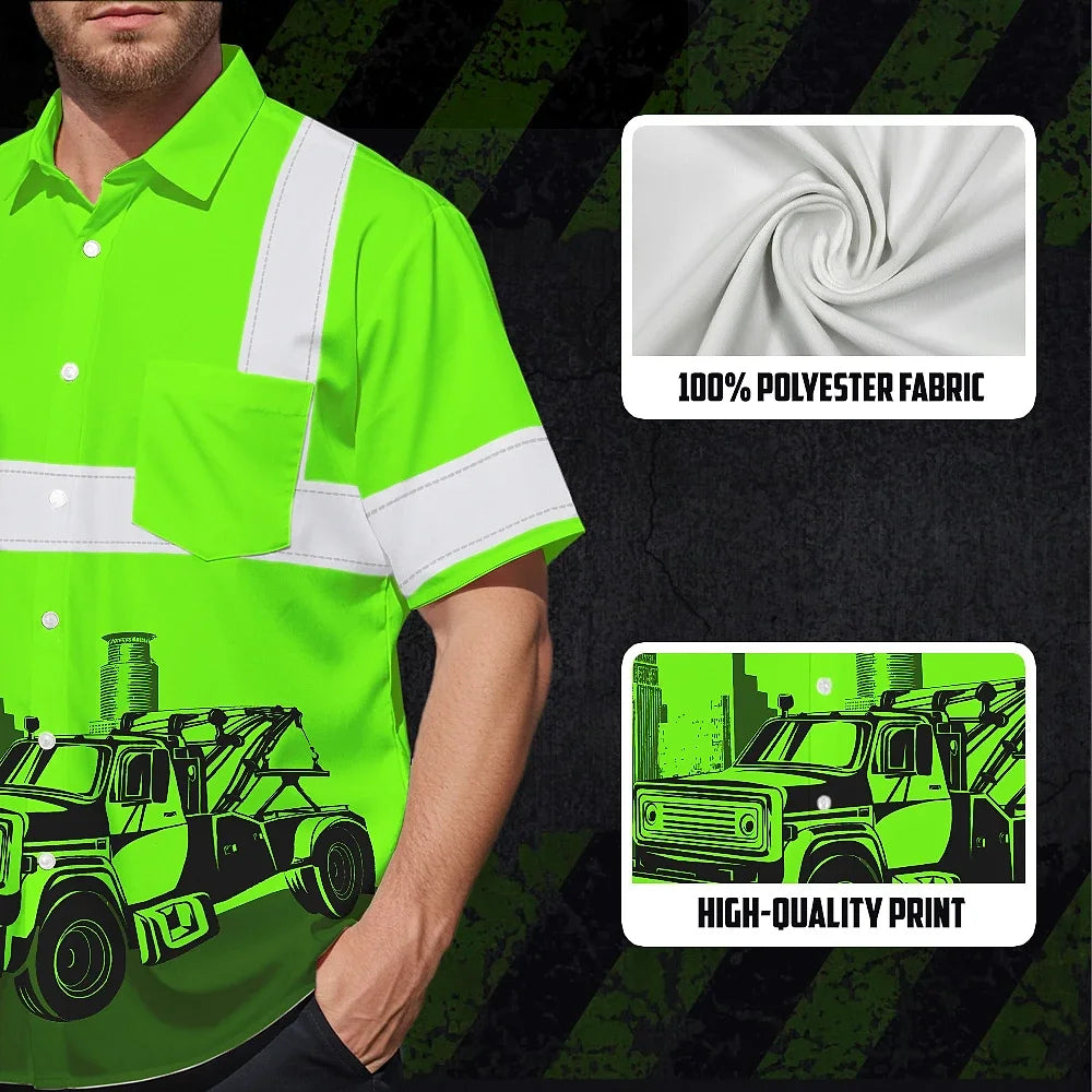 Hi Vis Hawaiian Shirt Reflective Tapes Green Tow Truck Driver Custom Name Safety