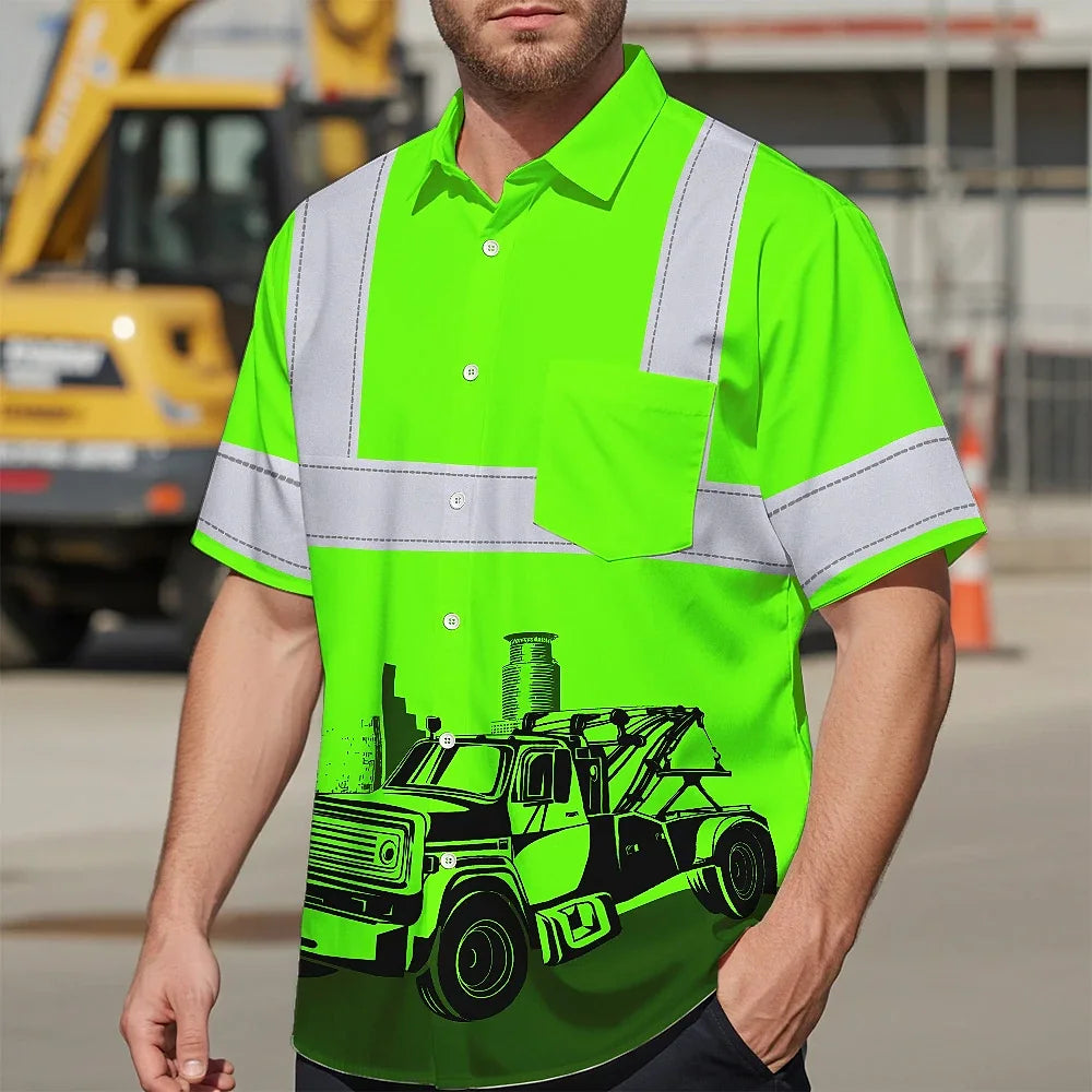 Hi Vis Hawaiian Shirt Reflective Tapes Green Tow Truck Driver Custom Name Safety