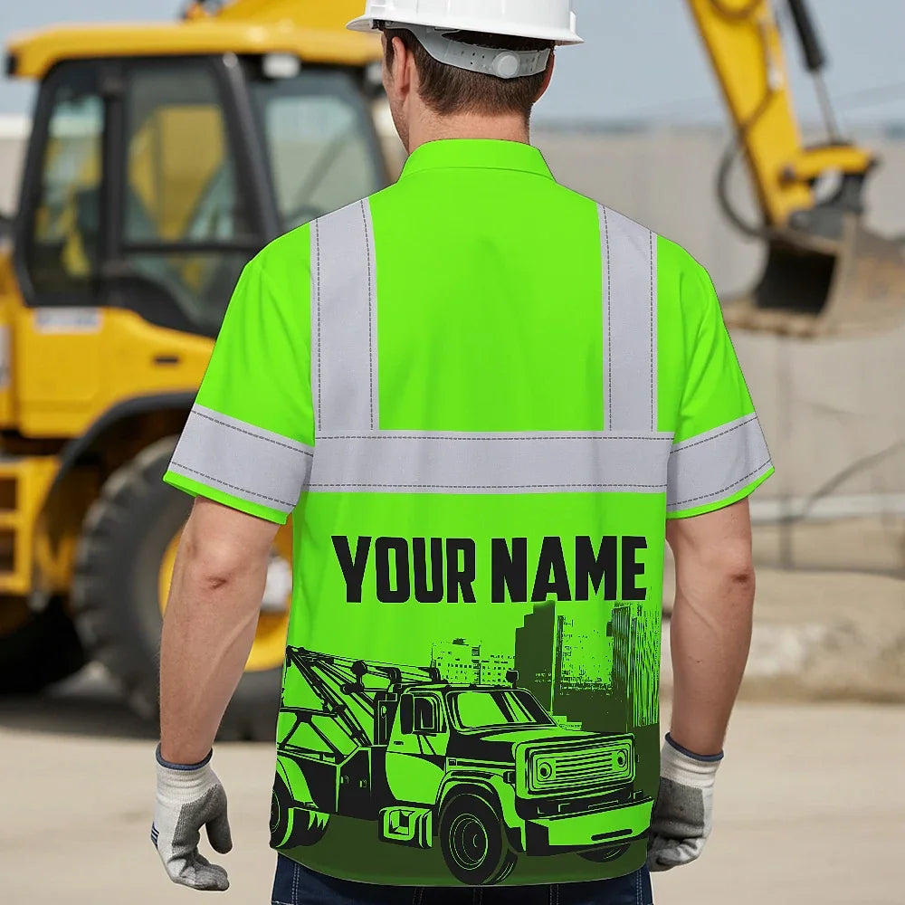 Hi Vis Hawaiian Shirt Reflective Tapes Green Tow Truck Driver Custom Name Safety