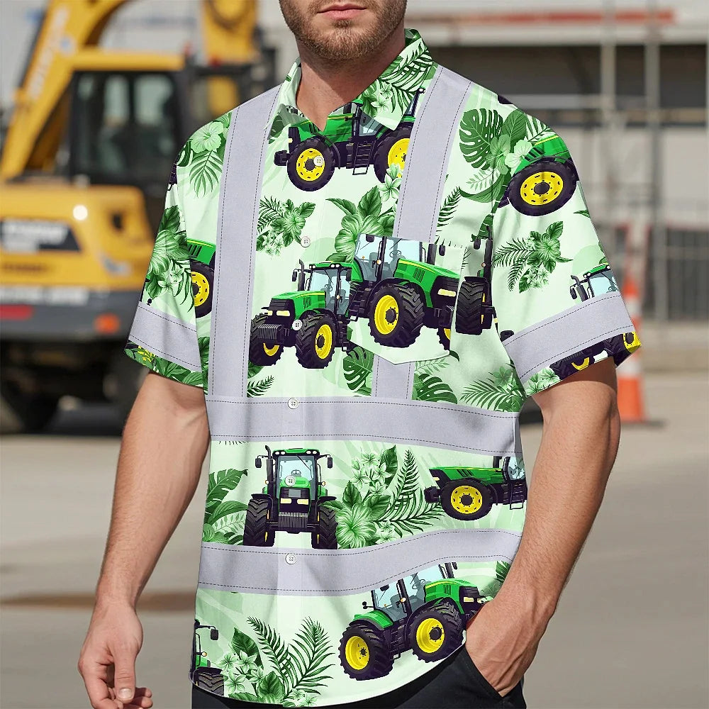 Hi Vis Hawaiian Shirt Reflective Tapes Green Tractor Custom Name Safety Workwear For Workers, Truckers, Operators