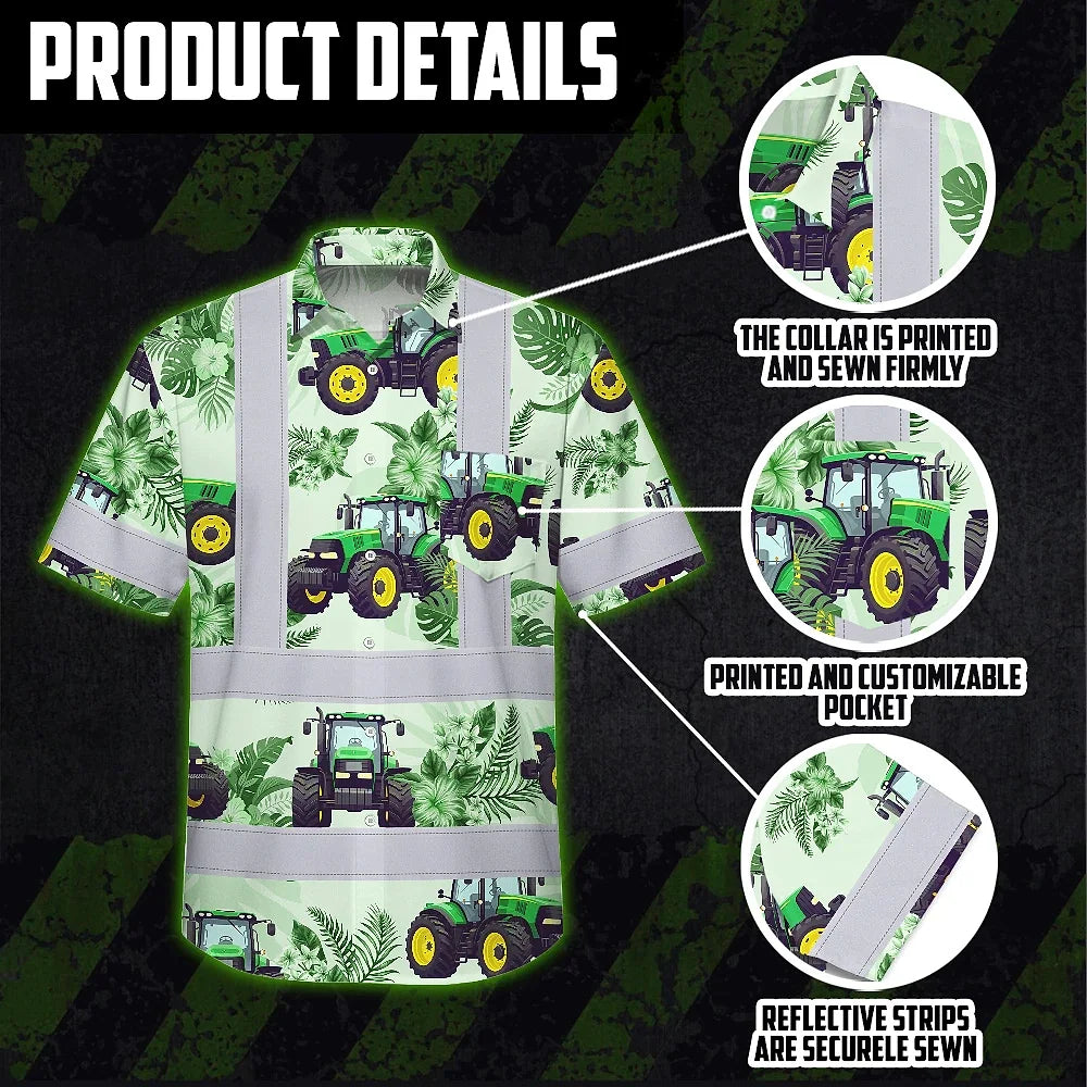 Hi Vis Hawaiian Shirt Reflective Tapes Green Tractor Custom Name Safety Workwear For Workers, Truckers, Operators