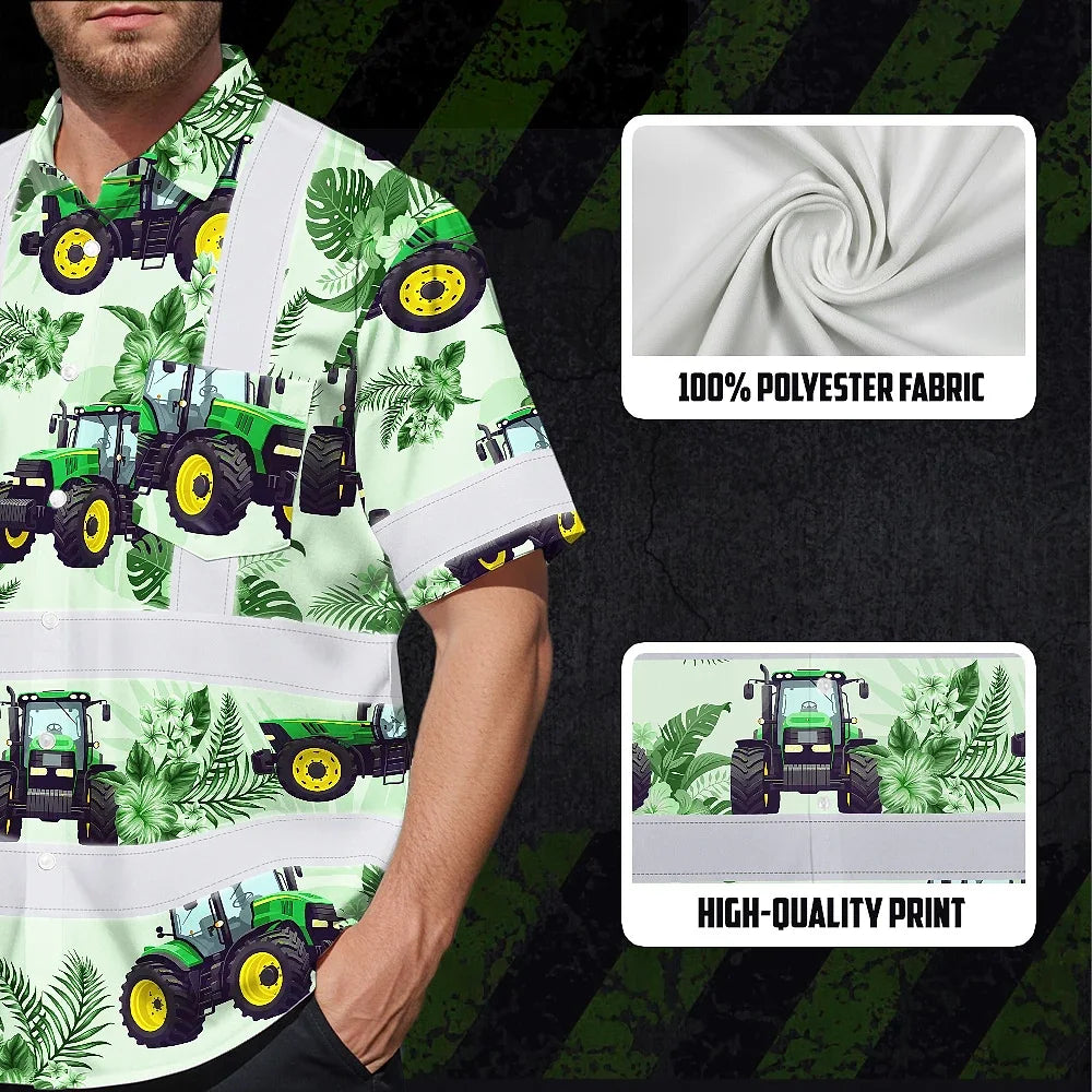 Hi Vis Hawaiian Shirt Reflective Tapes Green Tractor Custom Name Safety Workwear For Workers, Truckers, Operators