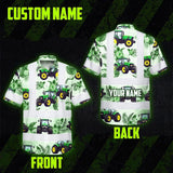 Hi Vis Hawaiian Shirt Reflective Tapes Green Tractor Custom Name Safety Workwear For Workers, Truckers, Operators