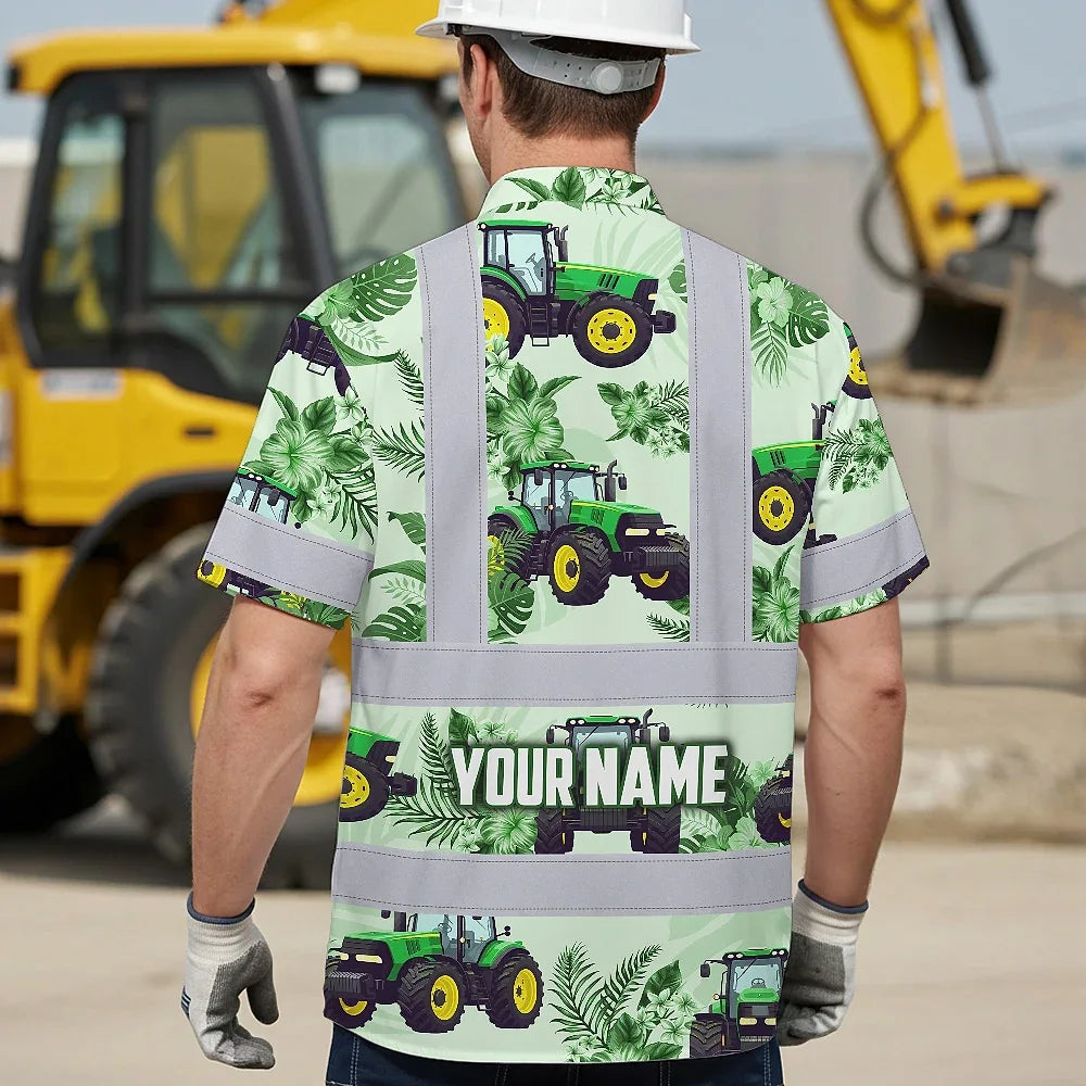 Hi Vis Hawaiian Shirt Reflective Tapes Green Tractor Custom Name Safety Workwear For Workers, Truckers, Operators