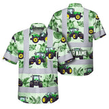 Hi Vis Hawaiian Shirt Reflective Tapes Green Tractor Custom Name Safety Workwear For Workers, Truckers, Operators