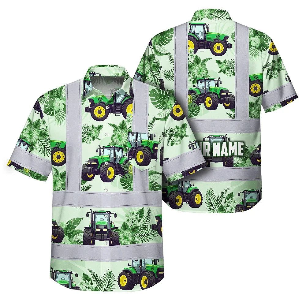 Hi Vis Hawaiian Shirt Reflective Tapes Green Tractor Custom Name Safety Workwear For Workers, Truckers, Operators