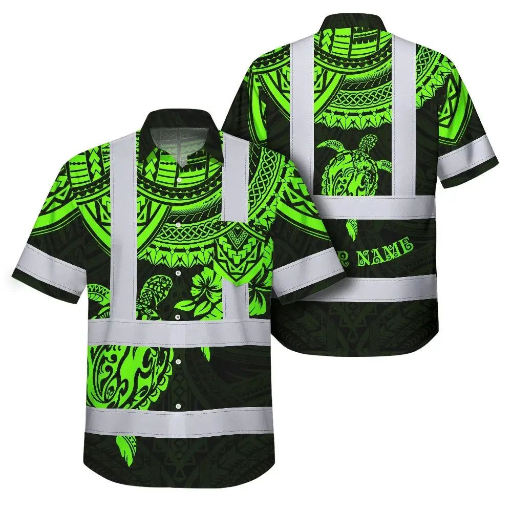 Hi Vis Hawaiian Shirt Reflective Tapes Green Turtle Flower Hawaiian Polynesian Tribal