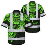Hi Vis Hawaiian Shirt Reflective Tapes Green Turtle Flower Hawaiian Polynesian Tribal