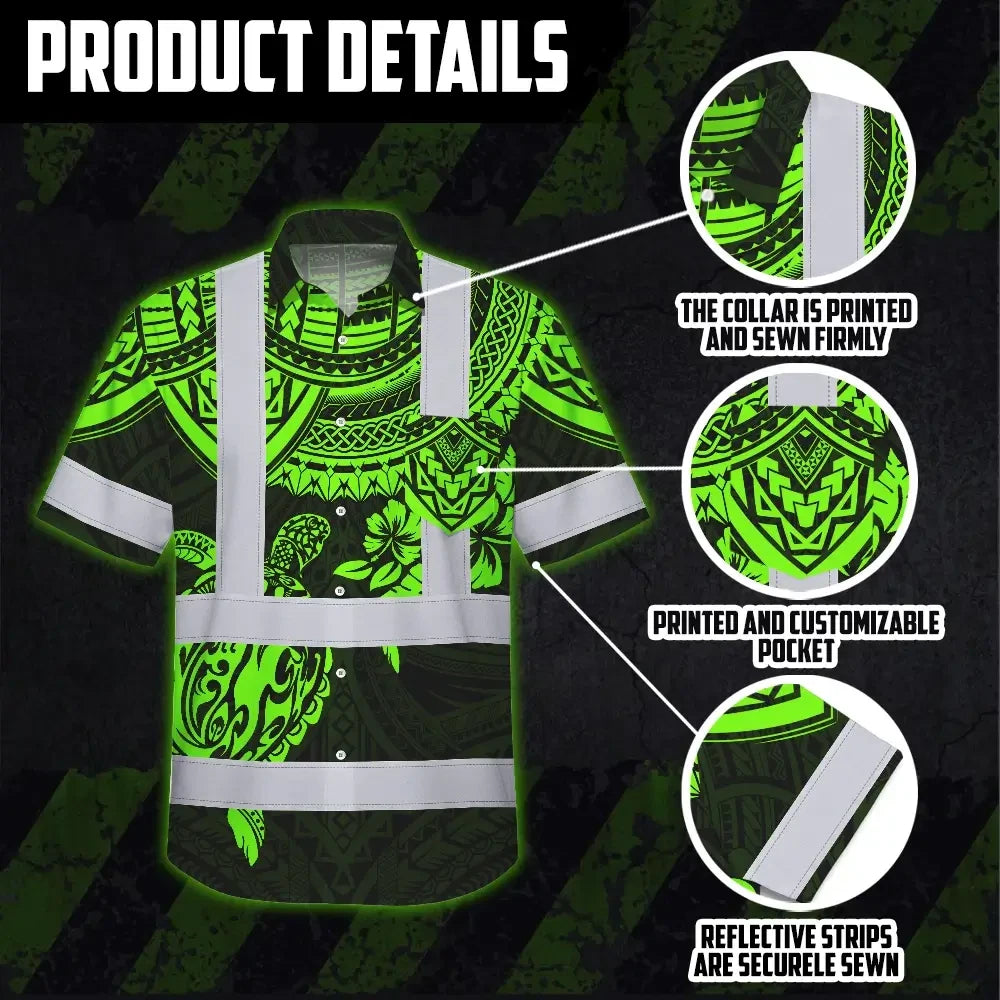Hi Vis Hawaiian Shirt Reflective Tapes Green Turtle Flower Hawaiian Polynesian Tribal