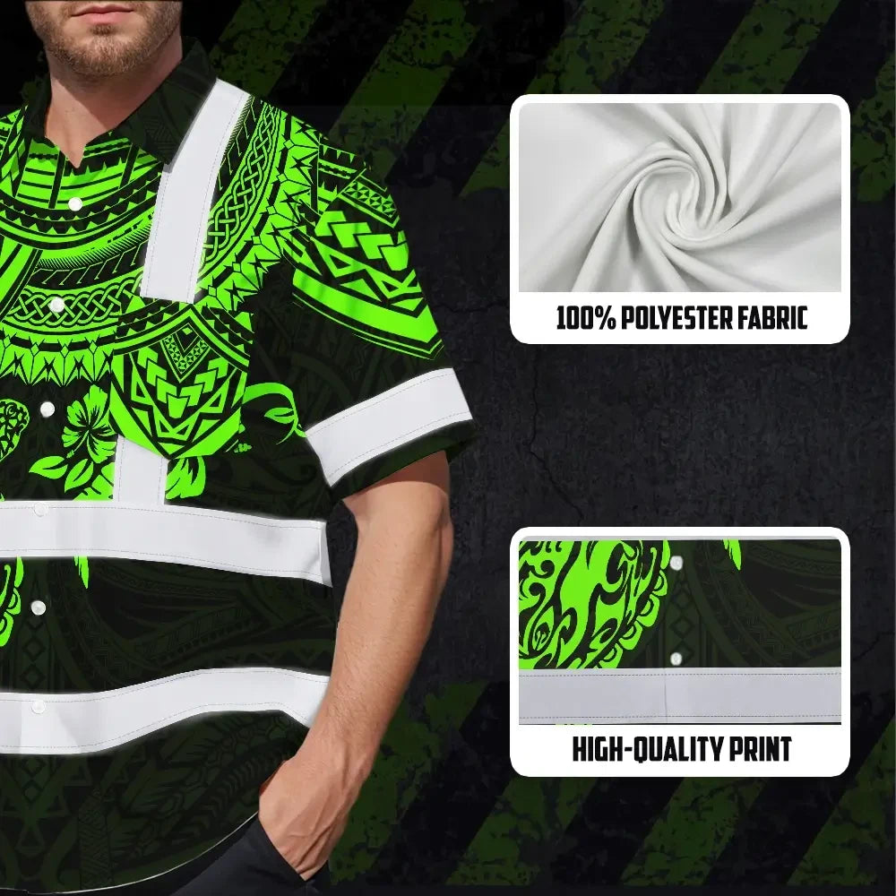 Hi Vis Hawaiian Shirt Reflective Tapes Green Turtle Flower Hawaiian Polynesian Tribal