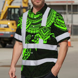 Hi Vis Hawaiian Shirt Reflective Tapes Green Turtle Flower Hawaiian Polynesian Tribal
