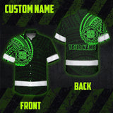 Hi Vis Hawaiian Shirt Reflective Tapes Green Turtle Polynesian Custom Name Safety Workwear For Workers, Truckers, Operators