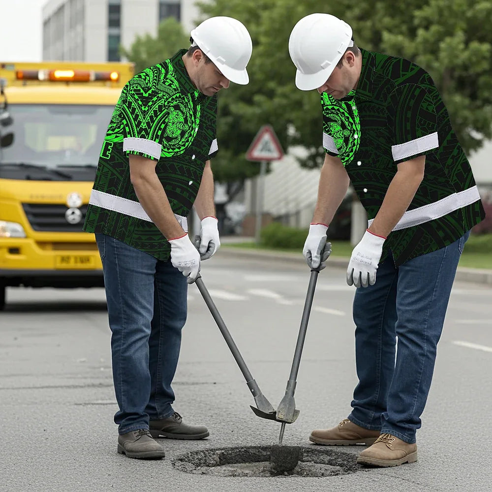 Hi Vis Hawaiian Shirt Reflective Tapes Green Turtle Polynesian Custom Name Safety Workwear For Workers, Truckers, Operators