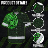 Hi Vis Hawaiian Shirt Reflective Tapes Green Turtle Polynesian Custom Name Safety Workwear For Workers, Truckers, Operators