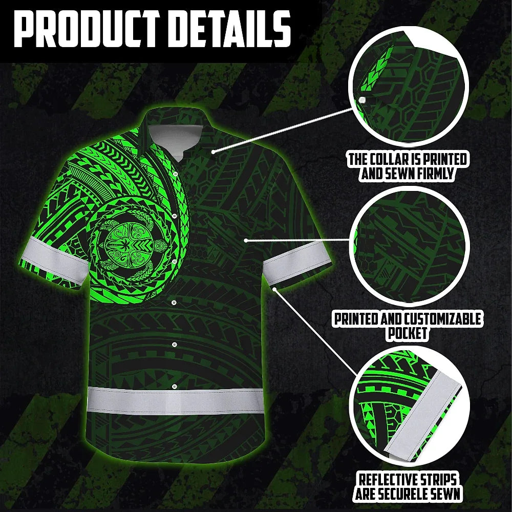 Hi Vis Hawaiian Shirt Reflective Tapes Green Turtle Polynesian Custom Name Safety Workwear For Workers, Truckers, Operators