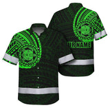 Hi Vis Hawaiian Shirt Reflective Tapes Green Turtle Polynesian Custom Name Safety Workwear For Workers, Truckers, Operators