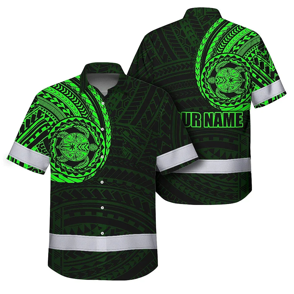 Hi Vis Hawaiian Shirt Reflective Tapes Green Turtle Polynesian Custom Name Safety Workwear For Workers, Truckers, Operators