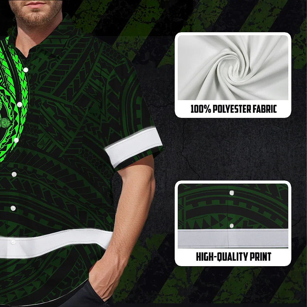 Hi Vis Hawaiian Shirt Reflective Tapes Green Turtle Polynesian Custom Name Safety Workwear For Workers, Truckers, Operators
