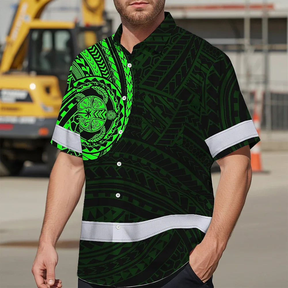 Hi Vis Hawaiian Shirt Reflective Tapes Green Turtle Polynesian Custom Name Safety Workwear For Workers, Truckers, Operators