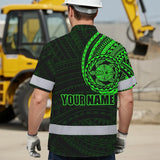 Hi Vis Hawaiian Shirt Reflective Tapes Green Turtle Polynesian Custom Name Safety Workwear For Workers, Truckers, Operators