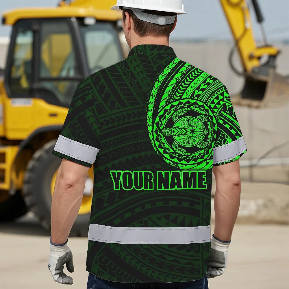 Hi Vis Hawaiian Shirt Reflective Tapes Green Turtle Polynesian Custom Name Safety Workwear For Workers, Truckers, Operators