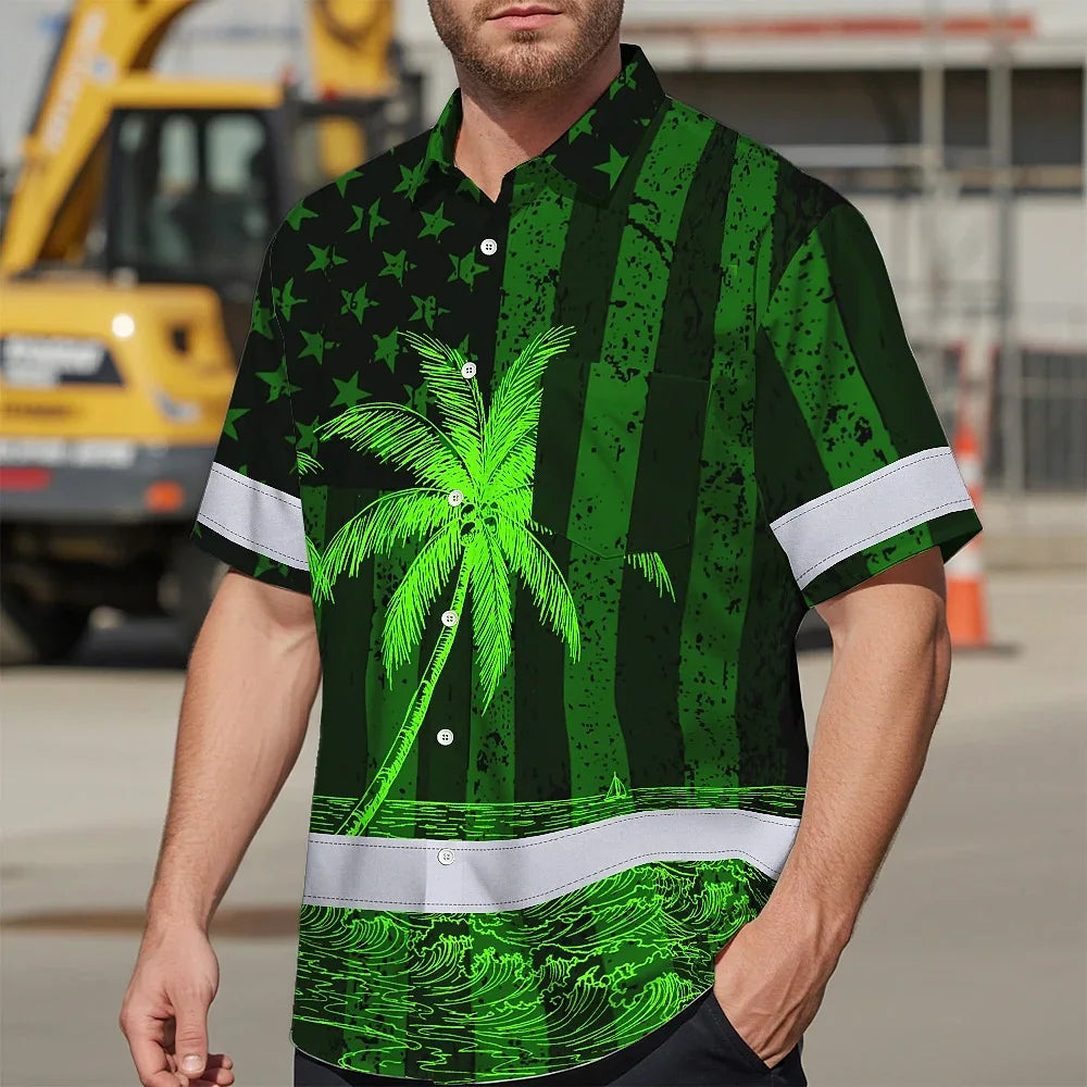 Hi Vis Hawaiian Shirt Reflective Tapes Green US Flag Coconut Custom Name Safety Workwear For Workers, Truckers, Operators
