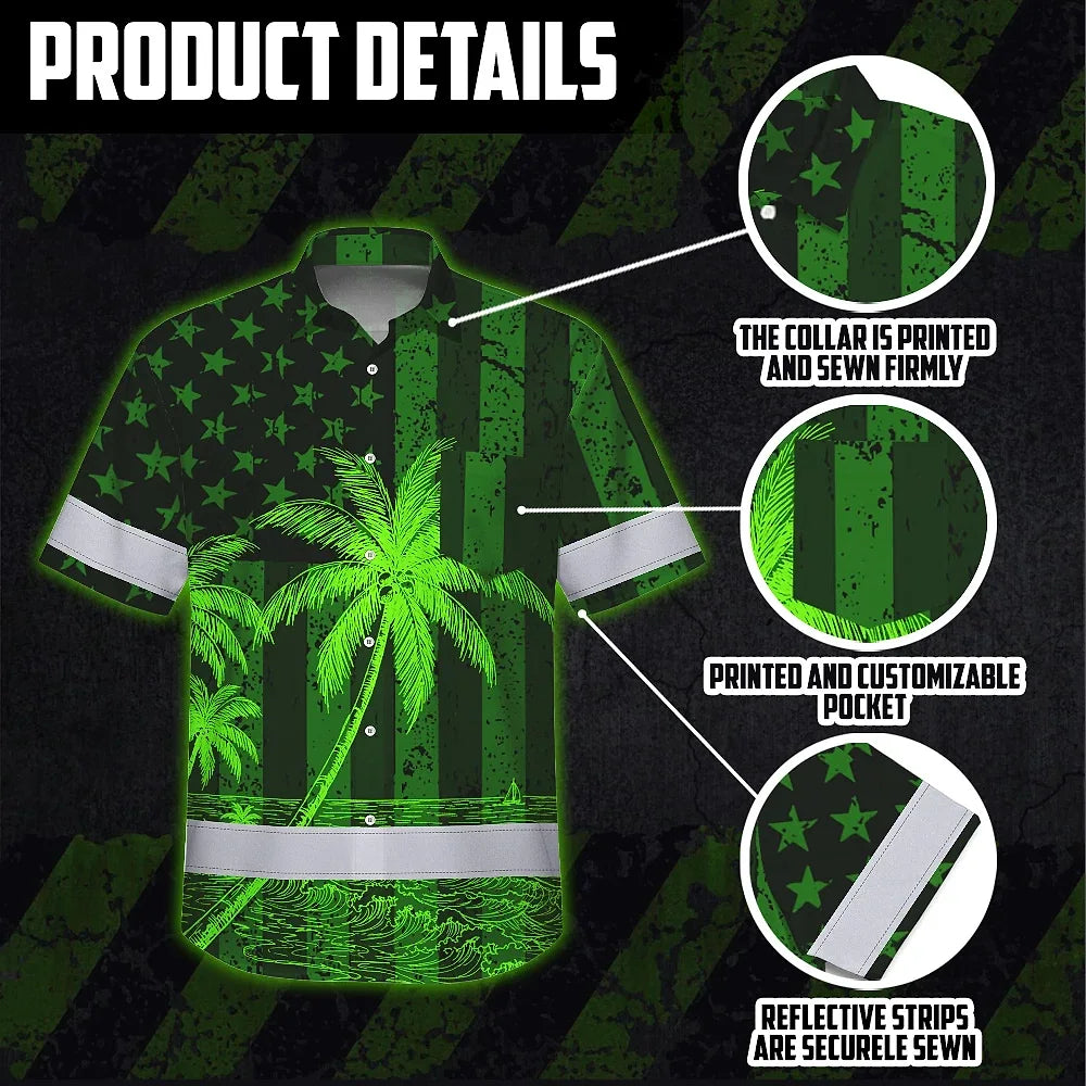 Hi Vis Hawaiian Shirt Reflective Tapes Green US Flag Coconut Custom Name Safety Workwear For Workers, Truckers, Operators