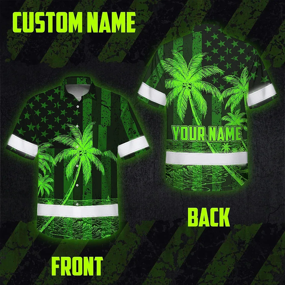 Hi Vis Hawaiian Shirt Reflective Tapes Green US Flag Coconut Custom Name Safety Workwear For Workers, Truckers, Operators