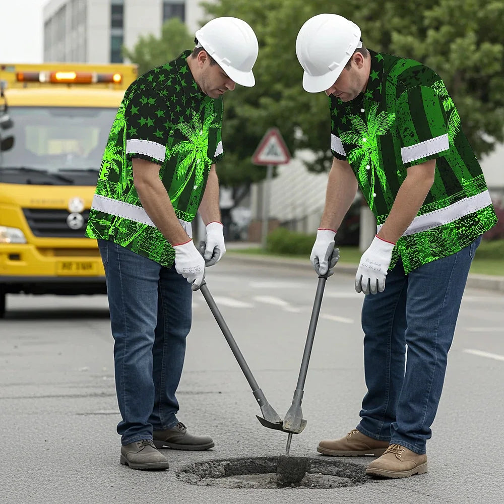 Hi Vis Hawaiian Shirt Reflective Tapes Green US Flag Coconut Custom Name Safety Workwear For Workers, Truckers, Operators