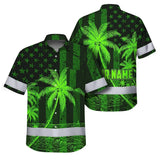Hi Vis Hawaiian Shirt Reflective Tapes Green US Flag Coconut Custom Name Safety Workwear For Workers, Truckers, Operators