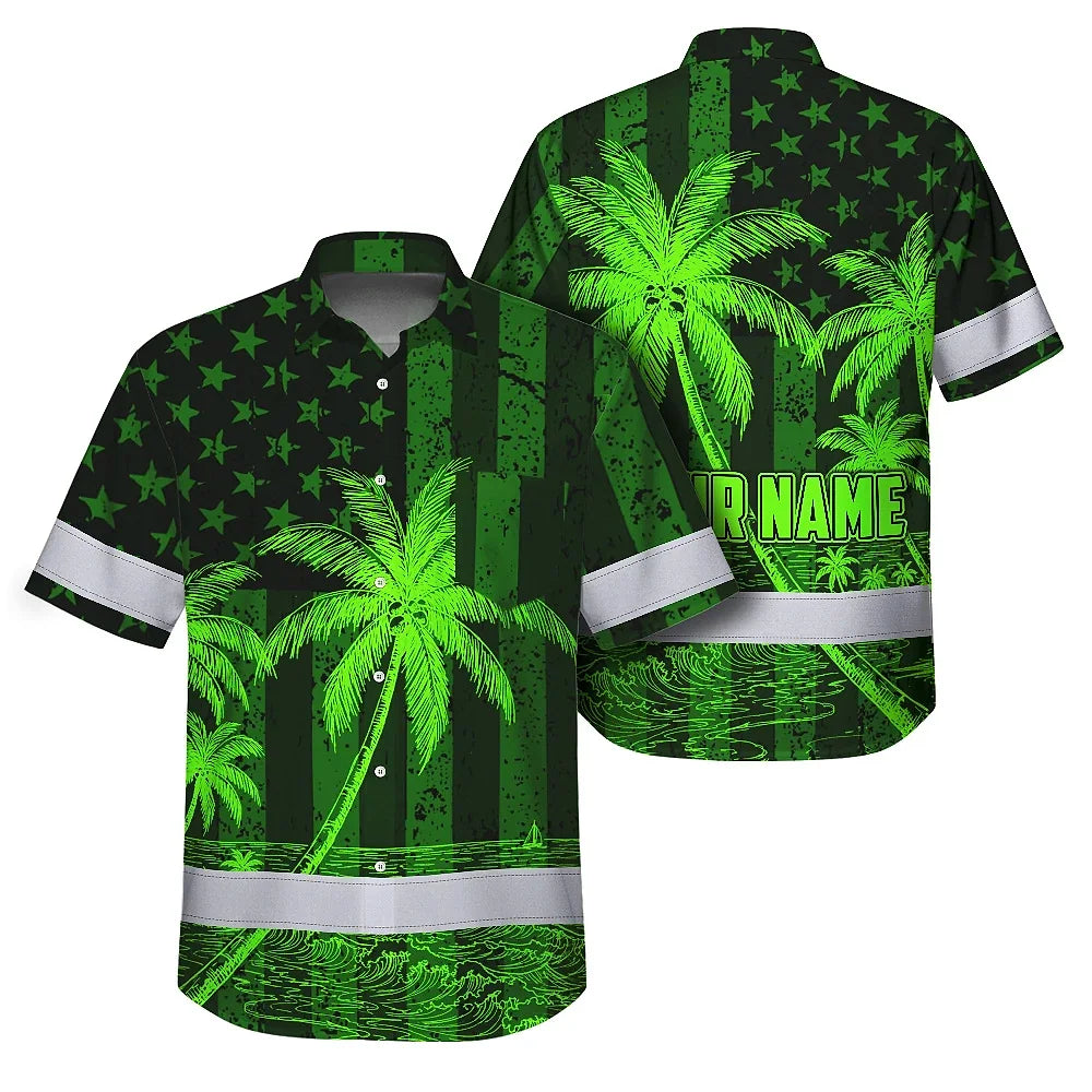 Hi Vis Hawaiian Shirt Reflective Tapes Green US Flag Coconut Custom Name Safety Workwear For Workers, Truckers, Operators