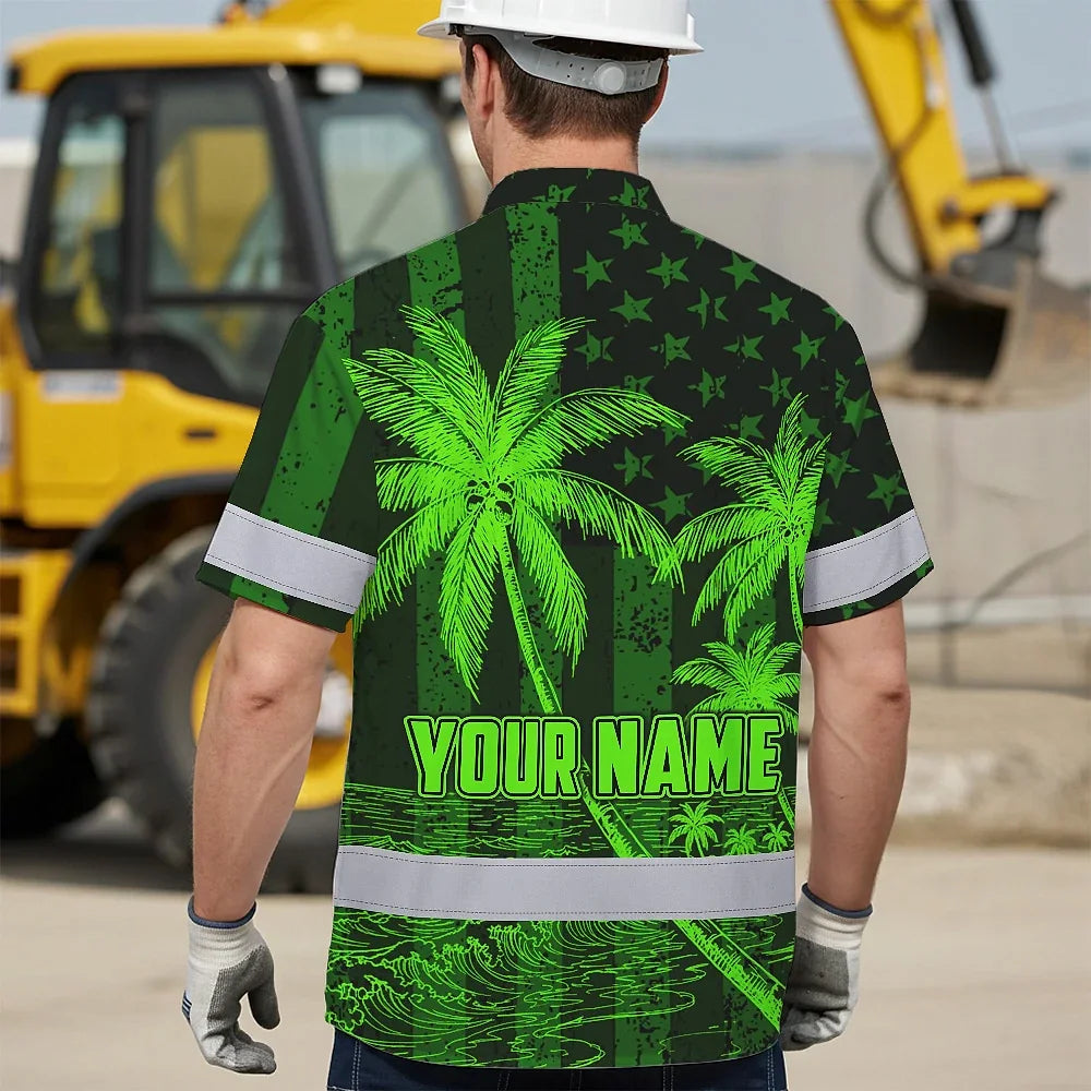 Hi Vis Hawaiian Shirt Reflective Tapes Green US Flag Coconut Custom Name Safety Workwear For Workers, Truckers, Operators