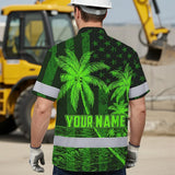 Hi Vis Hawaiian Shirt Reflective Tapes Green US Flag Coconut Custom Name Safety Workwear For Workers, Truckers, Operators